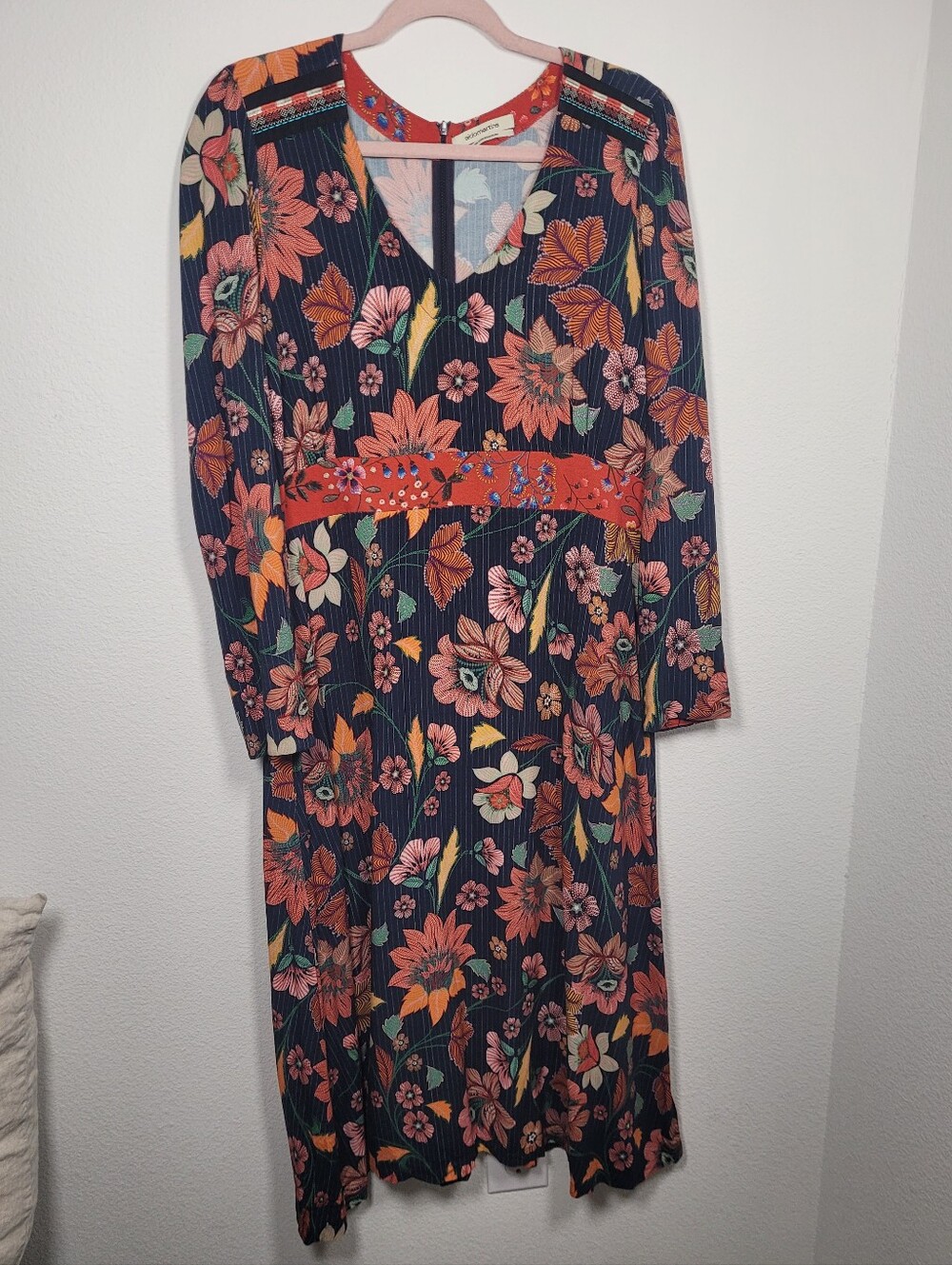 Aldo Martins Floral V-Neck Long Sleeve Midi Dress L Navy Orange Spain Artisanal